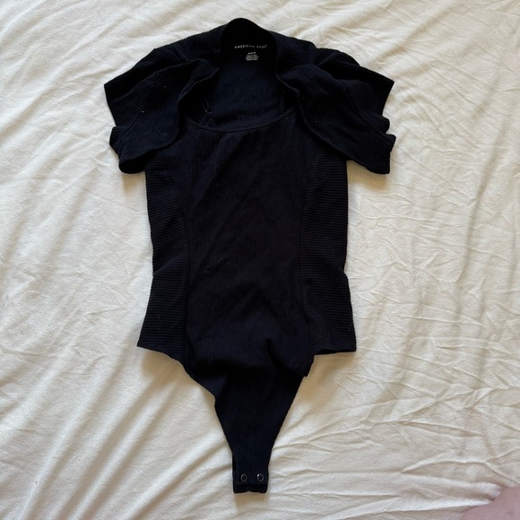 Black Ribbed Bodysuit with Attached Shrug - Picture 2 of 7